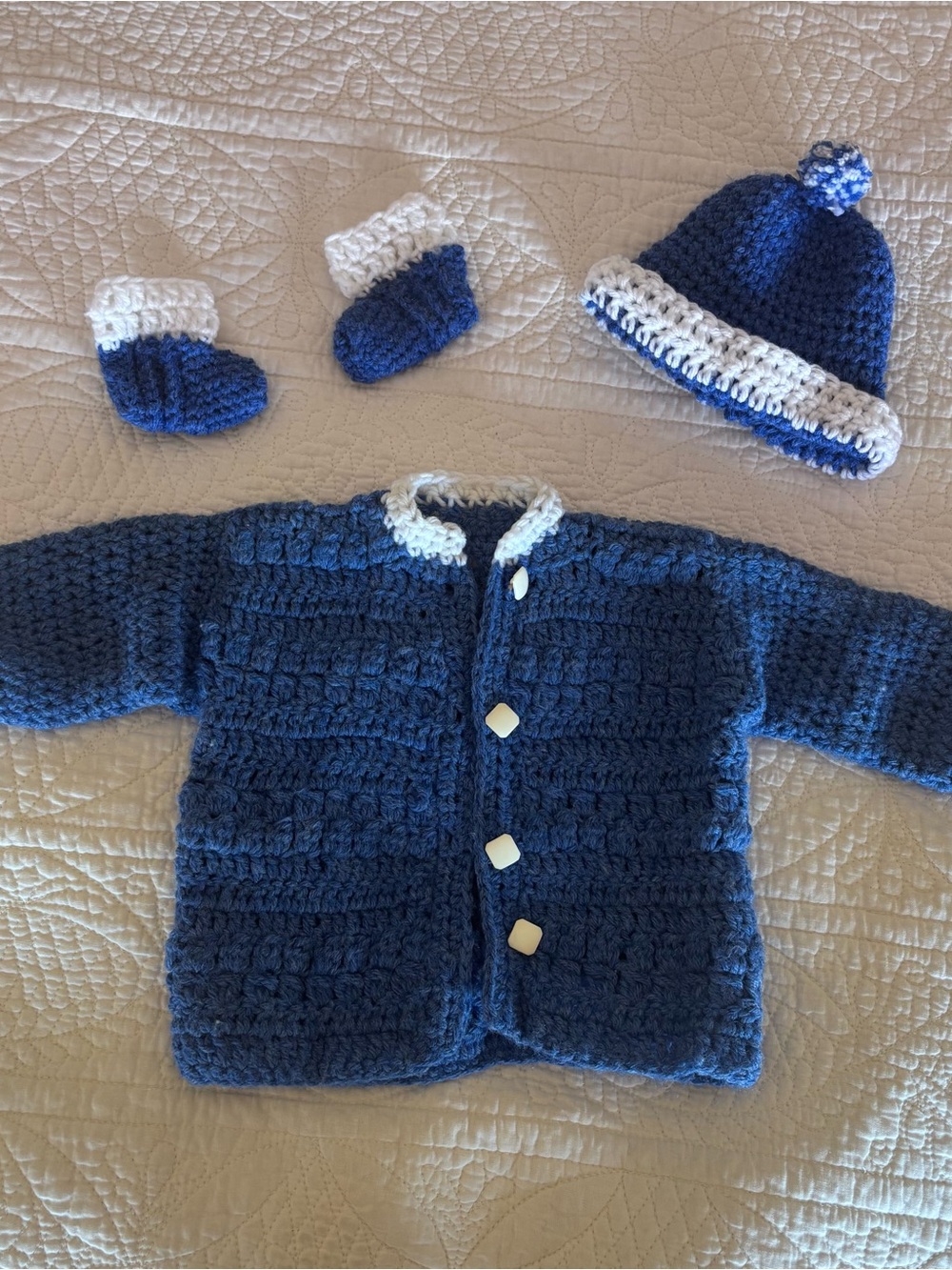 Handmade Blue & White Crochet Baby Set - Sweater, Hat & Booties